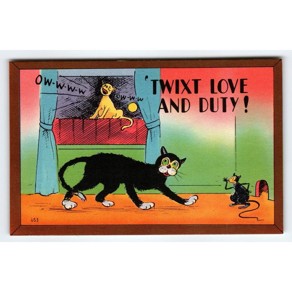 Vintage Linen Comic Postcard 'Twixt Love and Duty' Black Cat & Mouse